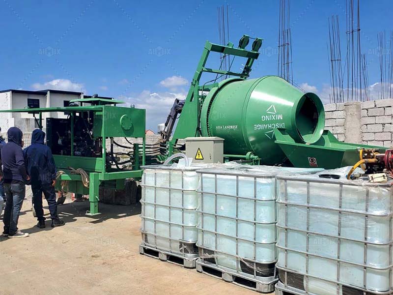 Concrete Mixer Pump With Green Color Is Working