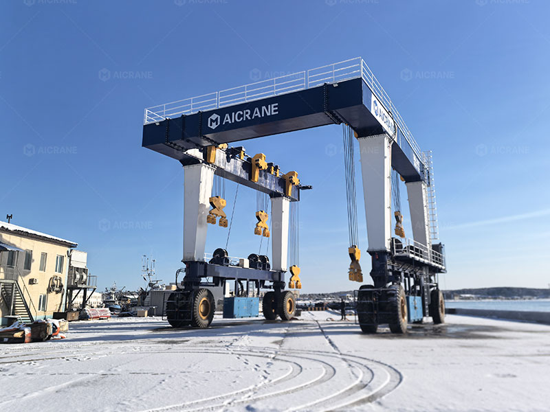 Boat travel lift operating in cold climate